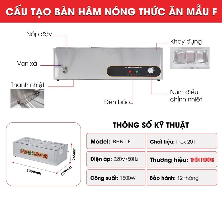 Cấu tạo bàn hâm nóng thức ăn mẫu F