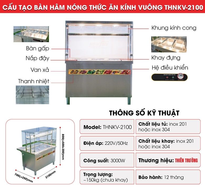 Cấu tạo tủ hâm nóng đồ ăn kính vuông KV-2100