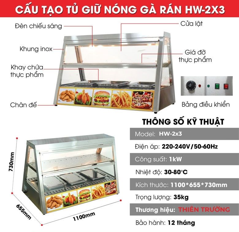 Cấu tạo tủ giữ nóng gà rán HW-2×3