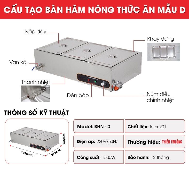 Cấu tạo bàn hâm nóng thức ăn mẫu D