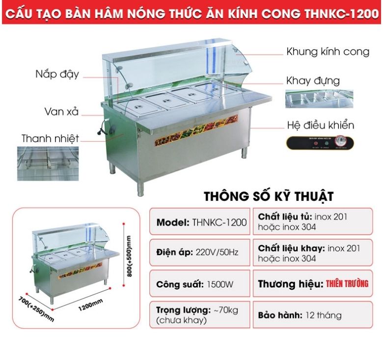 Cấu tạo tủ hâm nóng đồ ăn kính cong KC-1200