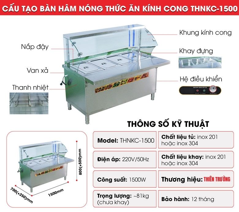 Cấu tạo bàn hâm nóng thức ăn kính cong KC-1500