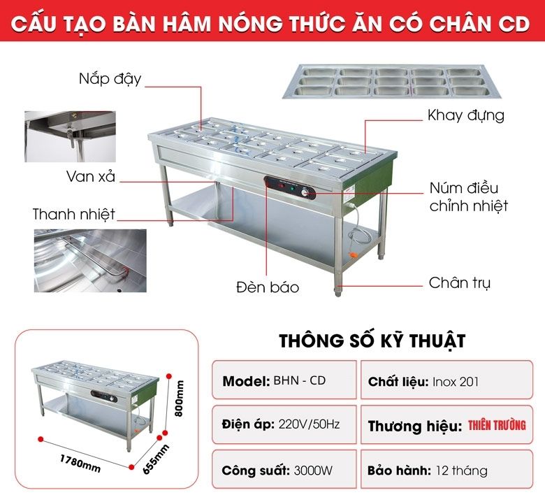 Cấu tạo tủ hâm nóng thức ăn có chân CD