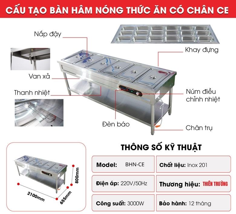 Cấu tạo bàn hâm nóng thức ăn có chân CE