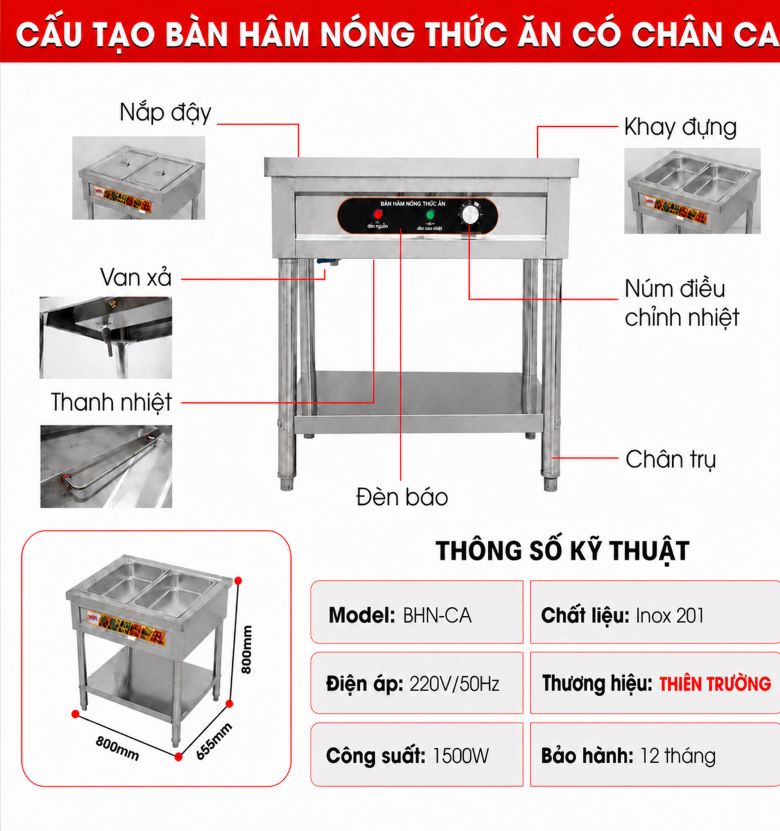 Cấu tạo bàn hâm nóng thức ăn có chân CA