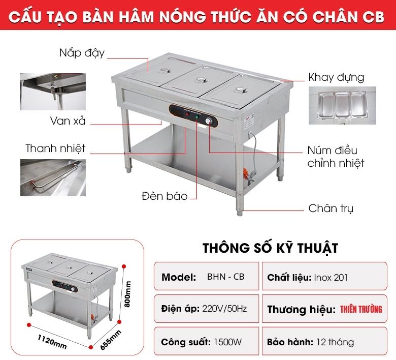 Cấu tạo bàn hâm nóng thức ăn có chân CB