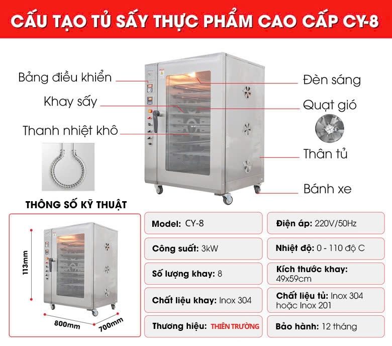 Chi tiết cấu tạo tủ sấy thực phẩm cao cấp CY-8