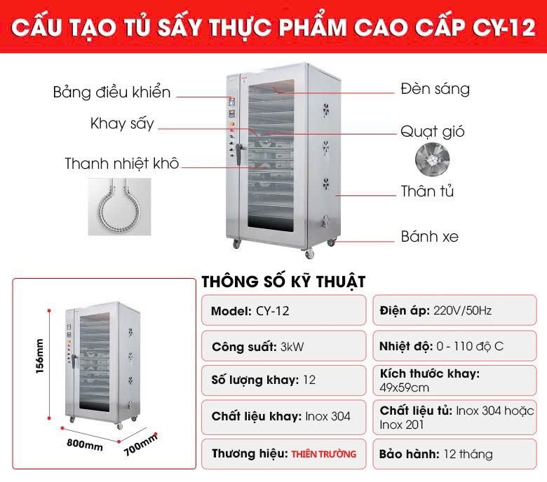 Cấu tạo chi tiết tủ sấy thực phẩm CY-12 cao cấp