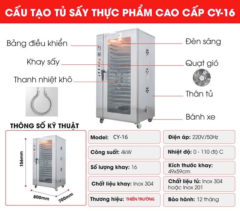 Cấu tạo chi tiết tủ sấy thực phẩm cao cấp CY-16