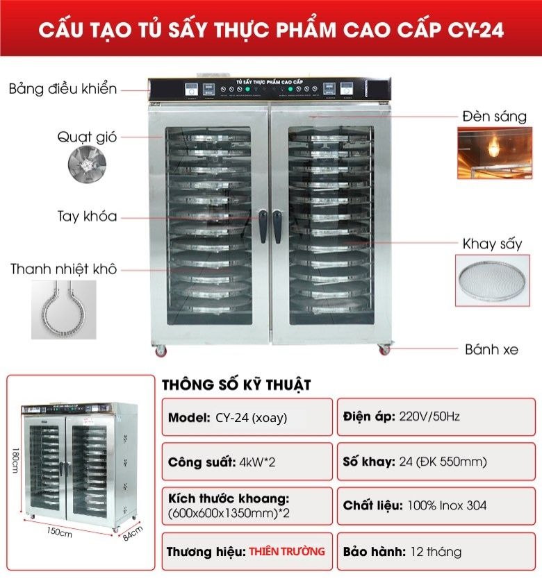 Cấu tạo chi tiết tủ sấy thực phẩm cao cấp CY-24 (dạng xoay)
