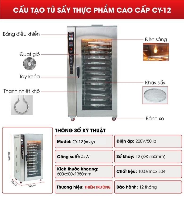 Cấu tạo tủ sấy 12 khay xoay CY-12 hàng xưởng Việt Nam