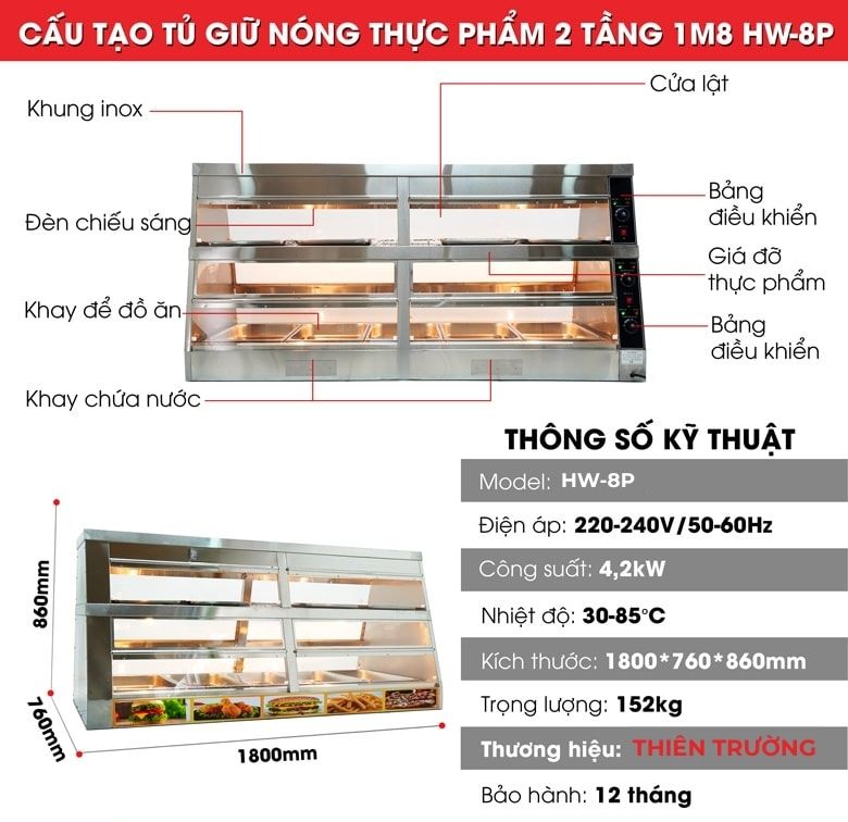 Cấu tạo chi tiết tủ giữ nóng thực phẩm 2 tầng 1m8 HW-8P