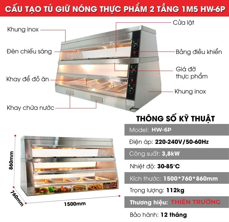 Cấu tạo chi tiết của tủ giữ nóng 2 tầng nhiệt độc lập HW-6P