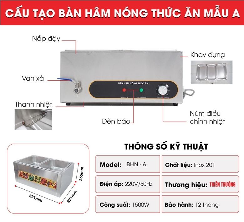 Cấu tạo bàn hâm nóng thức ăn mẫu A