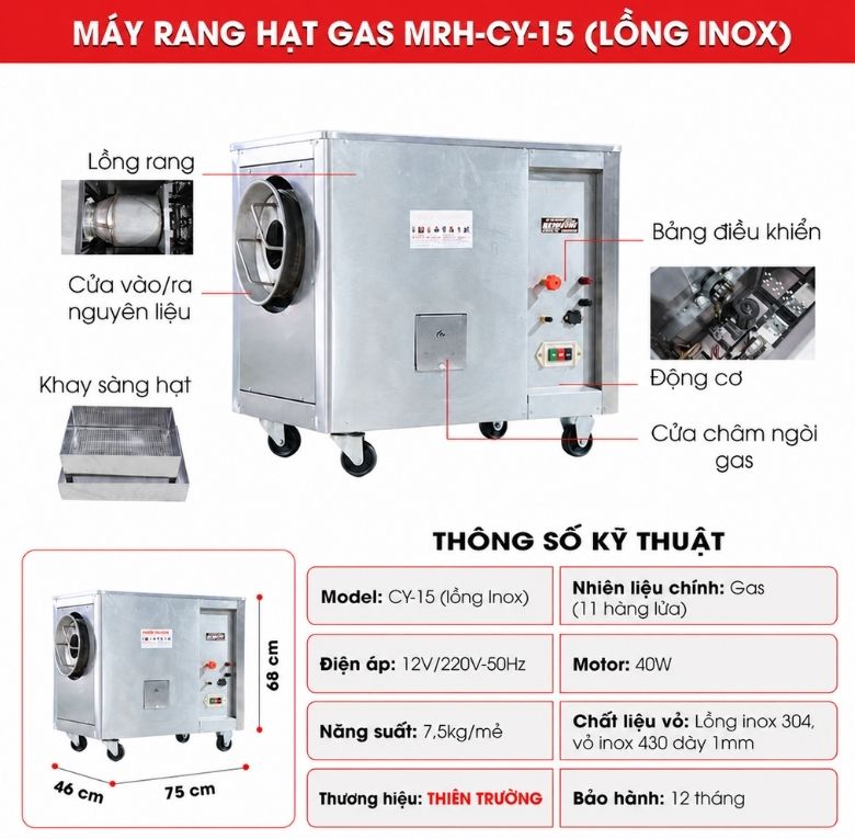 Cấu tạo máy rang hạt gas CY-15 lồng inox
