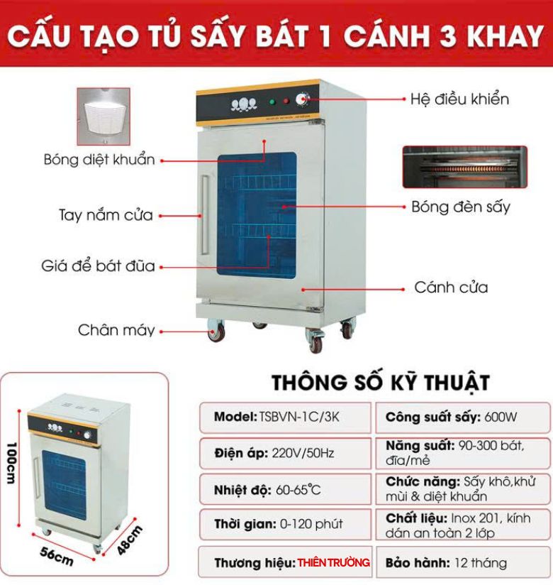 Cấu tạo tủ sấy bát công nghiệp 1 cánh 3 khay