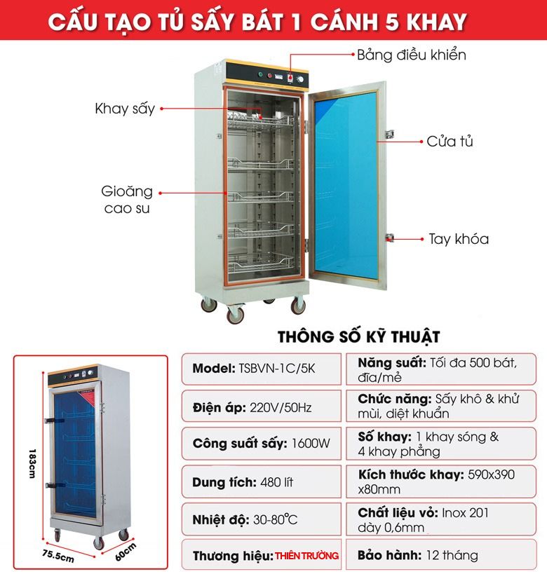 Cấu tạo tủ sấy bát 1 cánh 5 khay