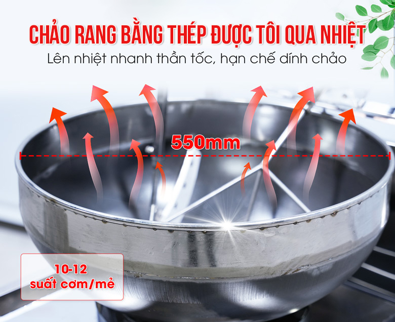 Chảo rang sâu lòng, làm bằng thép tôi qua nhiệt, chống dính tốt