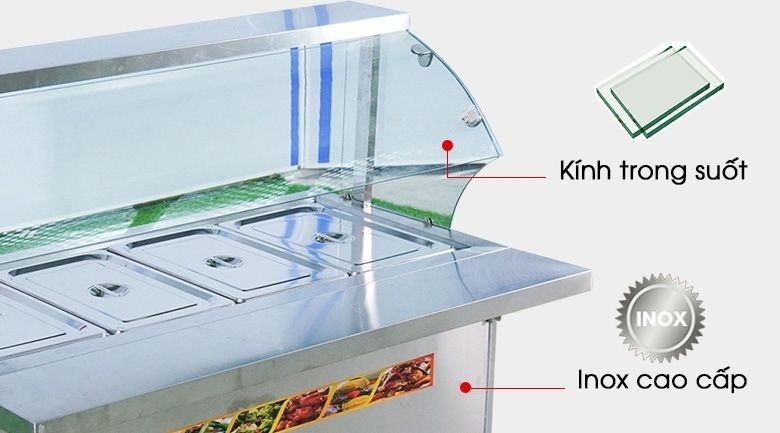 Khung inox chắc chắn, kính cong hỗ trợ trưng bày sạch đẹp