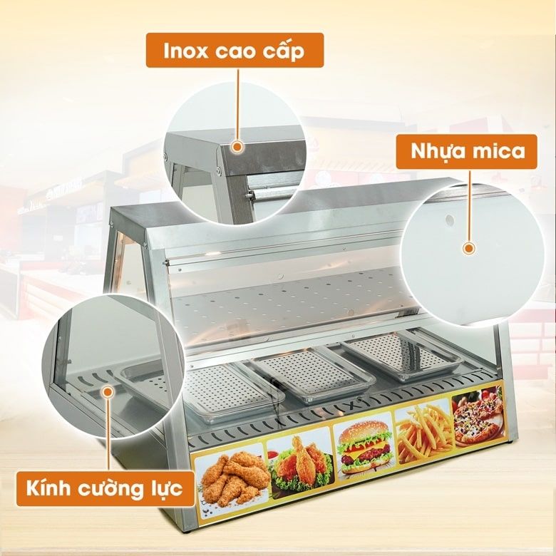 Khung thân inox kết hợp với nhựa mica và kính cường lực hai bên 