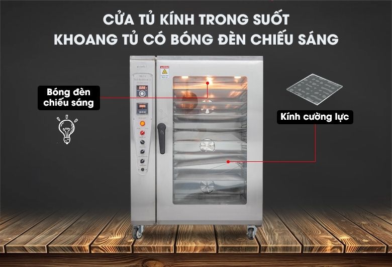 Cửa tủ thiết kế thêm kính cường lực trong suốt, khoang tủ tích hợp bóng đèn chiếu sáng