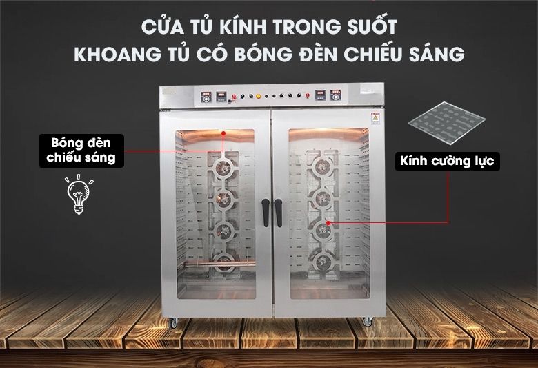 Cửa tủ thiết kế thêm kính cường lực trong suốt, khoang tủ tích hợp bóng đèn chiếu sáng