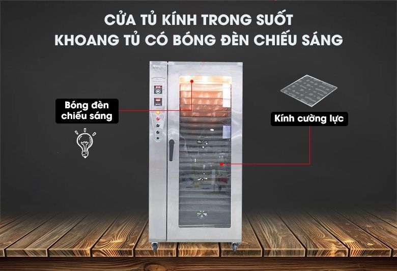 Cửa tủ thiết kế thêm kính cường lực trong suốt, khoang tủ tích hợp bóng đèn chiếu sáng