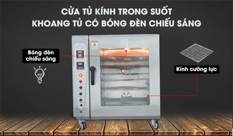 Khoang tủ tích hợp bóng đèn chiếu sáng, cửa tủ thiết kế thêm kính cường lực trong suốt