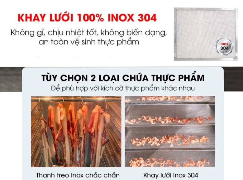 Khay sấy của tủ được làm từ 100% inox 304, hạn chế han gỉ