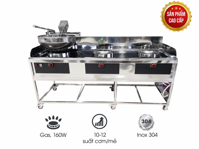 Máy rang cơm kèm 2 bếp xào cao cấp (Inox 304 & chảo thép)