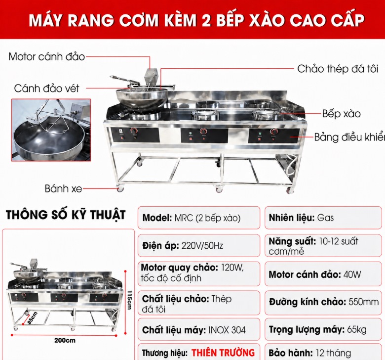 Cấu tạo máy rang cơm kèm 2 bếp xào (sử dụng Inox 304 kết hợp chảo thép)