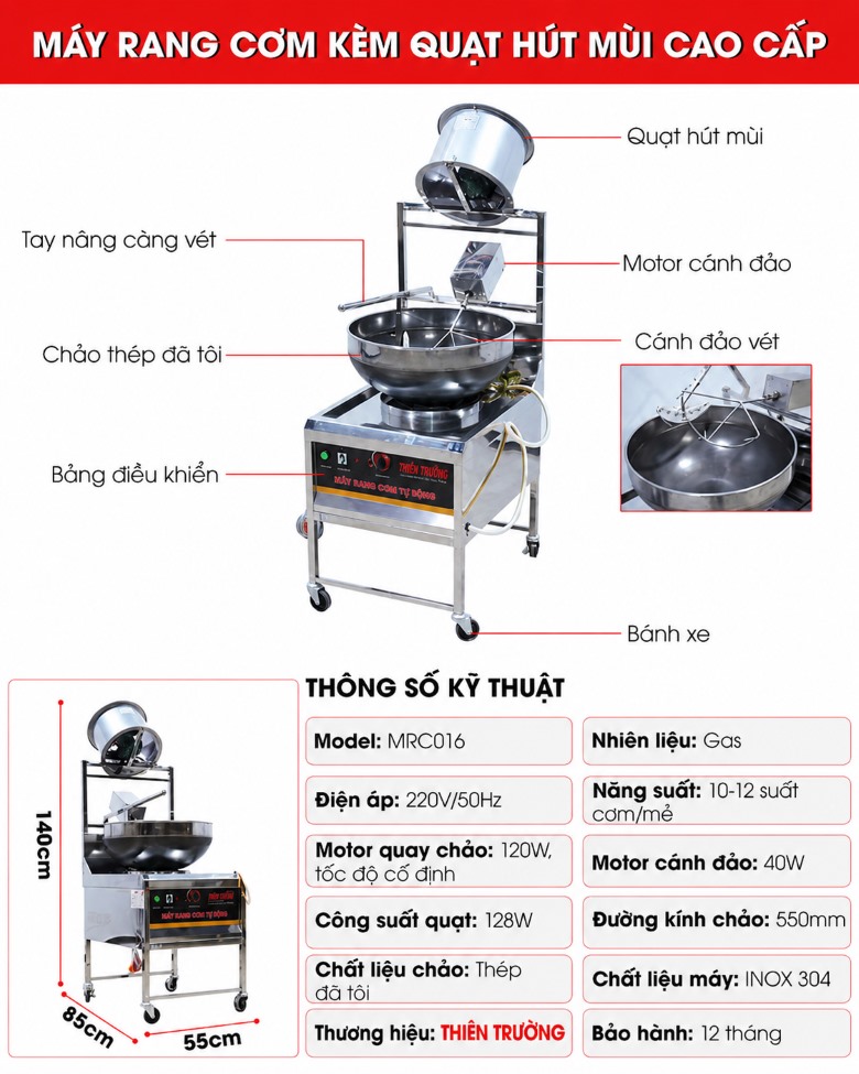 Cấu tạo của máy rang cơm kèm quạt hút mùi ( inox 304 và chảo thép)