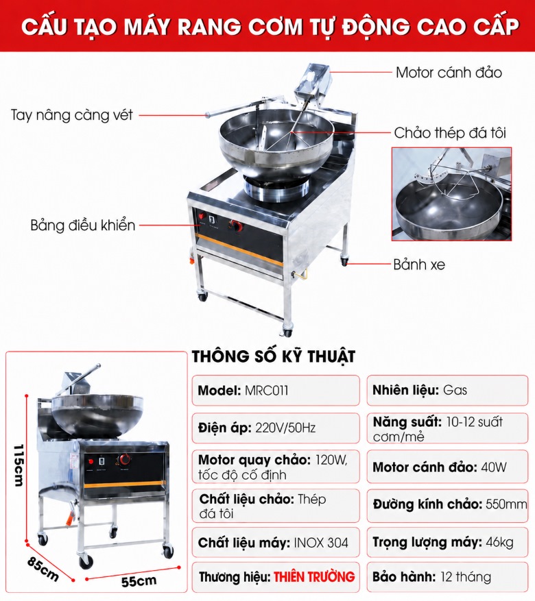 Cấu tạo máy rang cơm tự động cao cấp (sử dụng Inox 304 kết hợp chảo thép)
