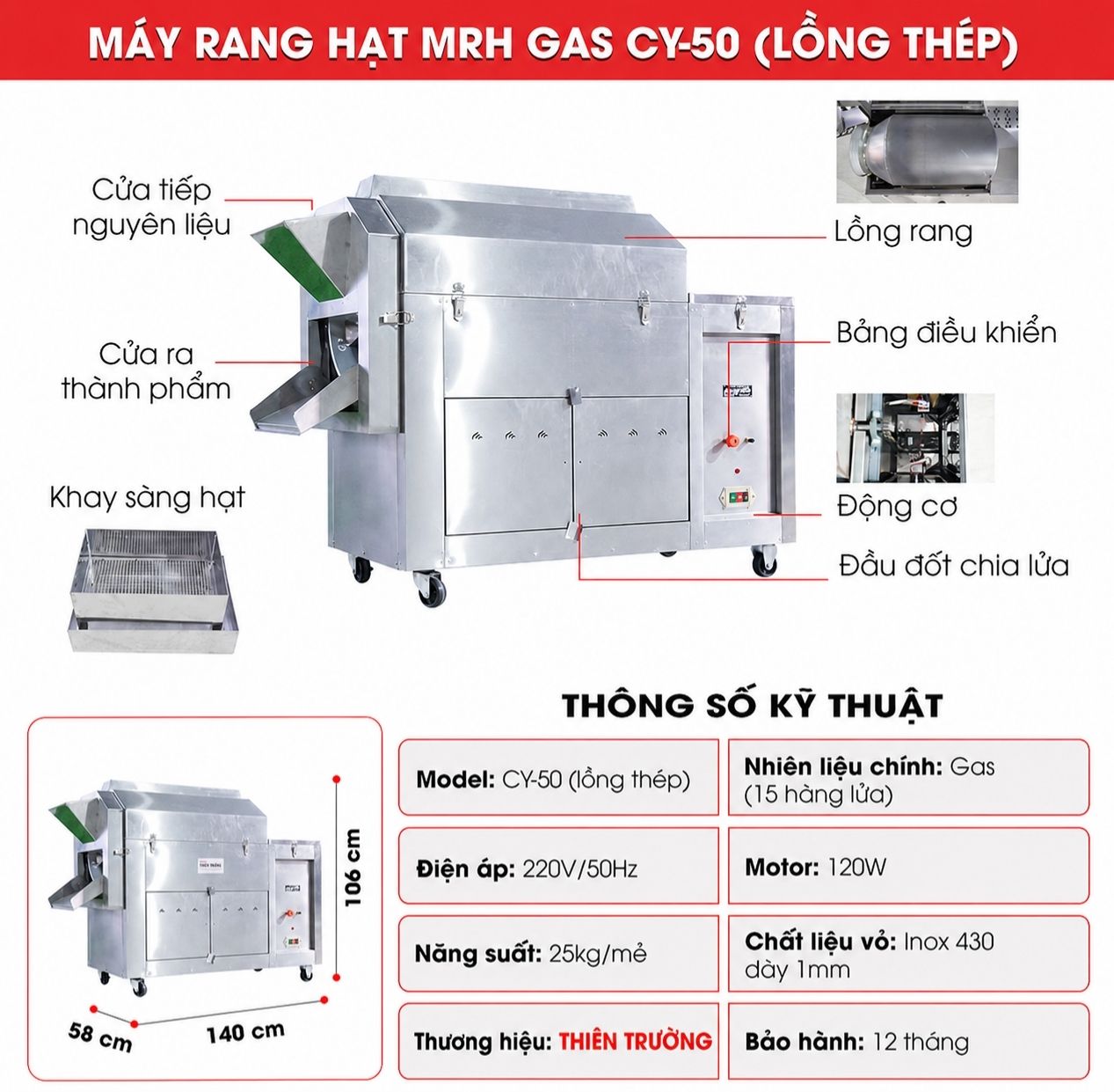 Cấu tạo Máy rang hạt đa năng gas CY-50 (lồng thép)