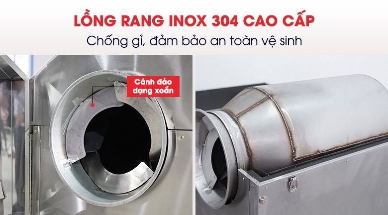 Lồng rang chất liệu inox 304 cao cấp được thiết thêm cánh đảo xoắn dài