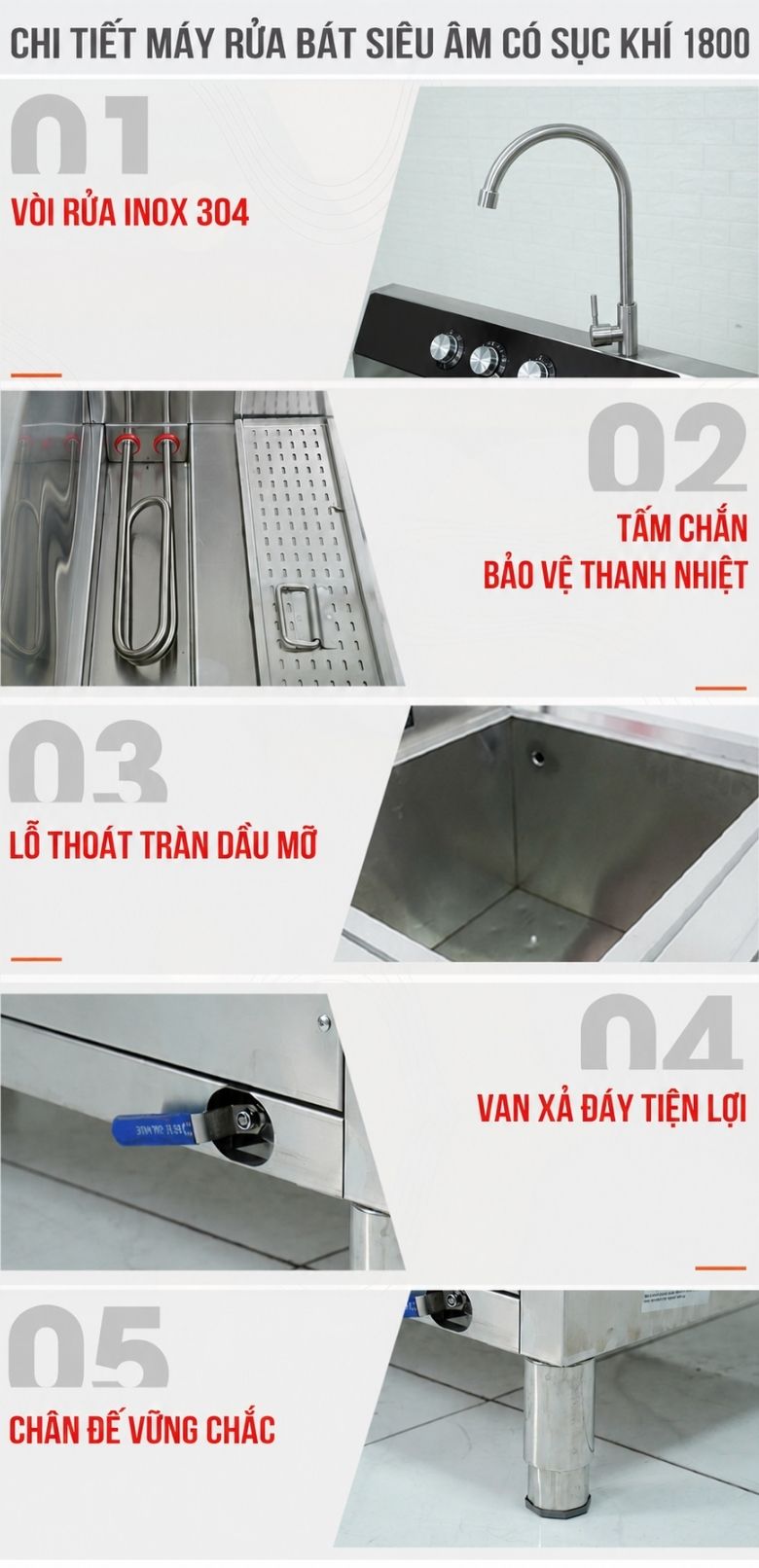 Chi tiết hoàn thiện trên máy rửa bát siêu âm 1m8 có sục khí ozone NS-1800