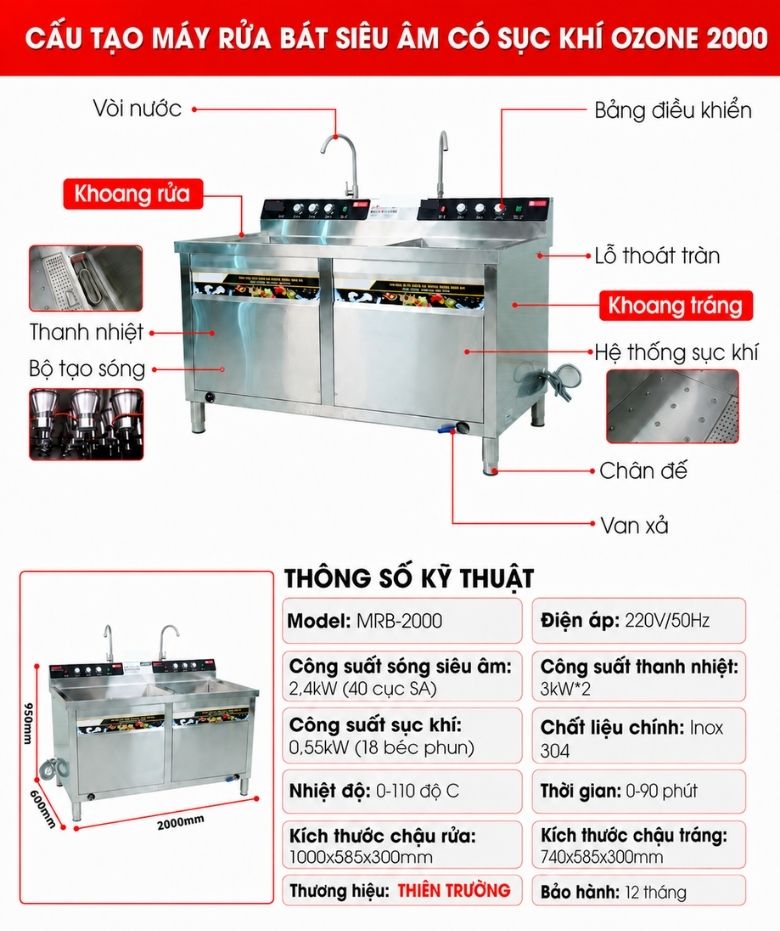 Cấu tạo máy rửa bát siêu âm chậu đôi 2m có sục khí ozone 2000