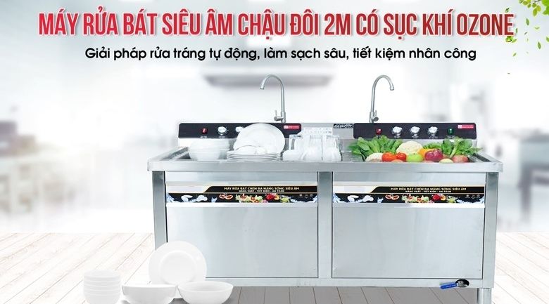 Máy rửa bát siêu âm chậu đôi 2m có sục khí ozone 2000