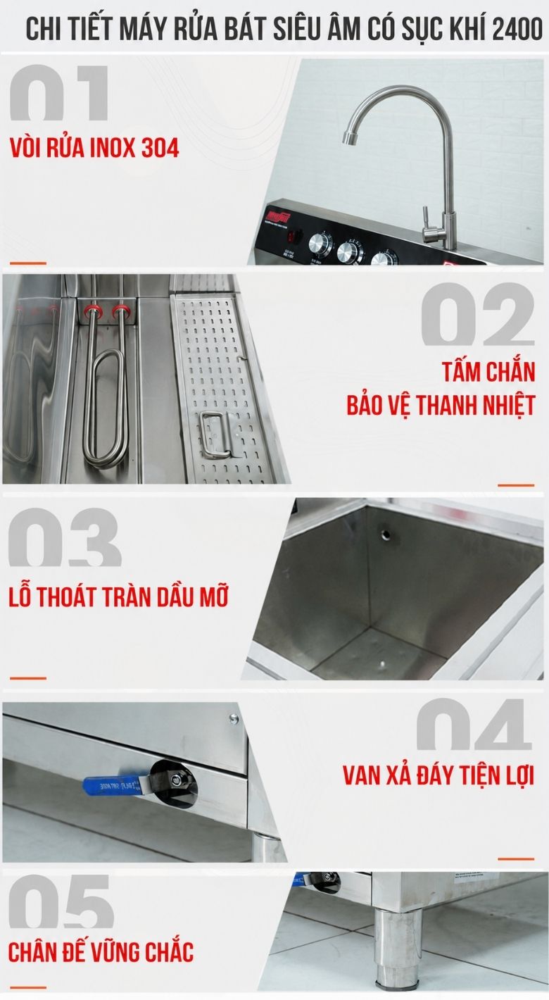 Các chi tiết hoàn thiện khác của máy rửa bát sục khí 2400