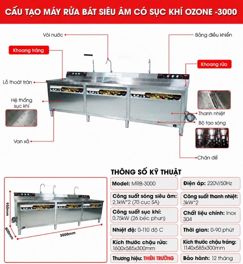 Máy rửa bát siêu âm chậu đôi 3m có sục khí ozone 3000