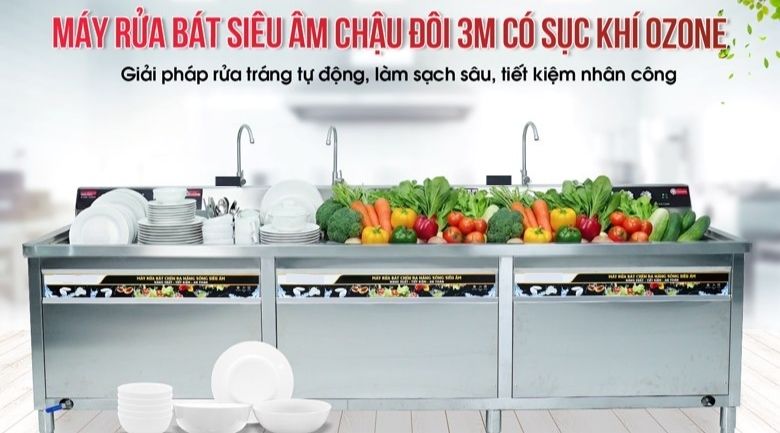 Máy rửa bát siêu âm chậu đôi 3m có sục khí