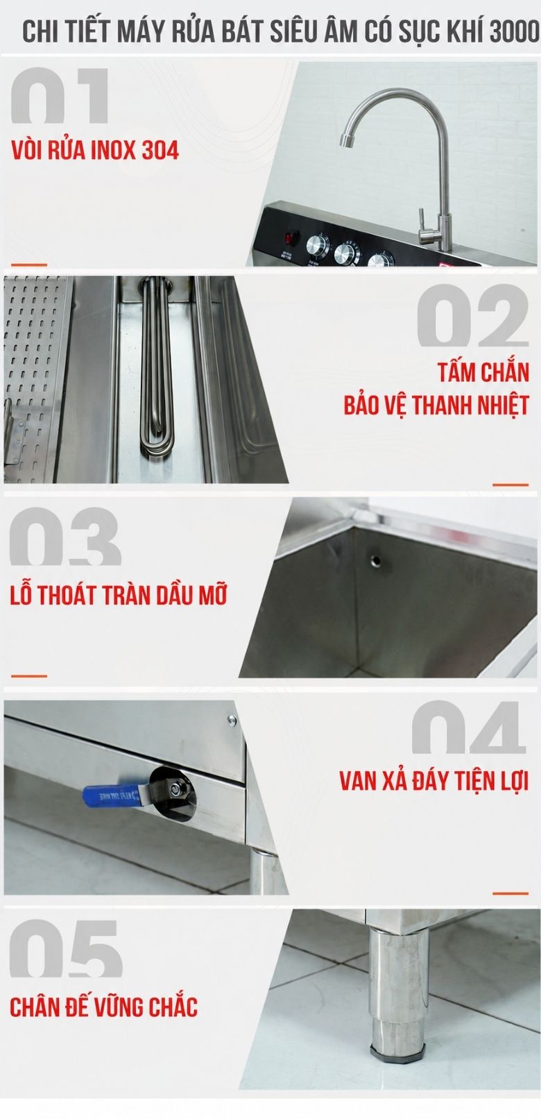 Chi tiết máy rửa bát siêu âm có sục khí 3000
