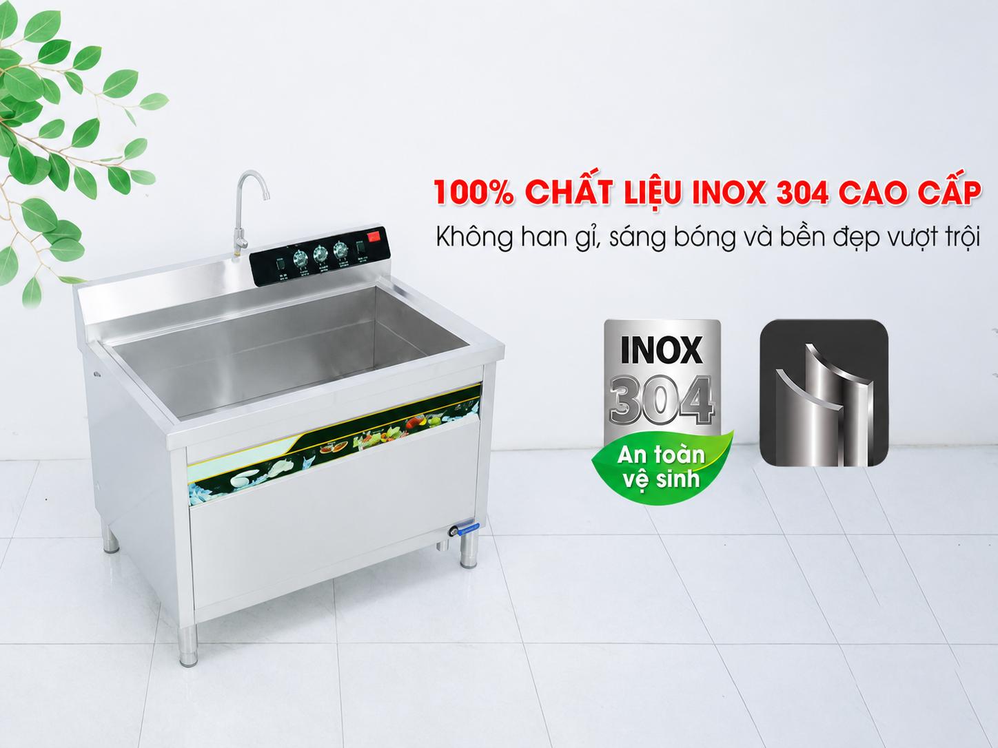 Máy rửa bát siêu âm MRS-1200SS được làm từ inox 304 chắc chắn và bền đẹp
