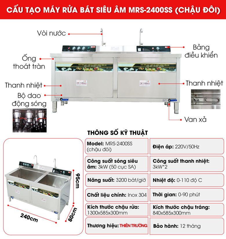 Cấu tạo máy rửa bát siêu âm chậu đôi MRS-2400SS