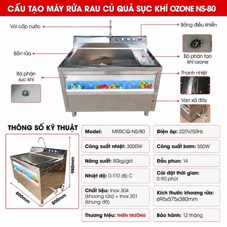 Cấu tạo của máy rửa rau sục khí ozone NS-80  