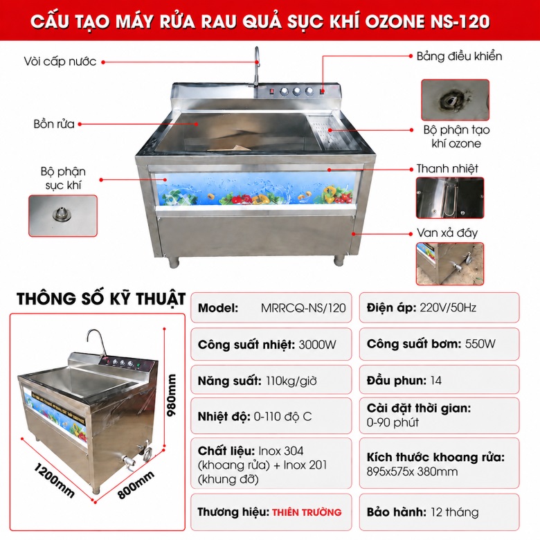 Cấu tạo của máy rửa rau sục khí ozone công nghiệp NS-120