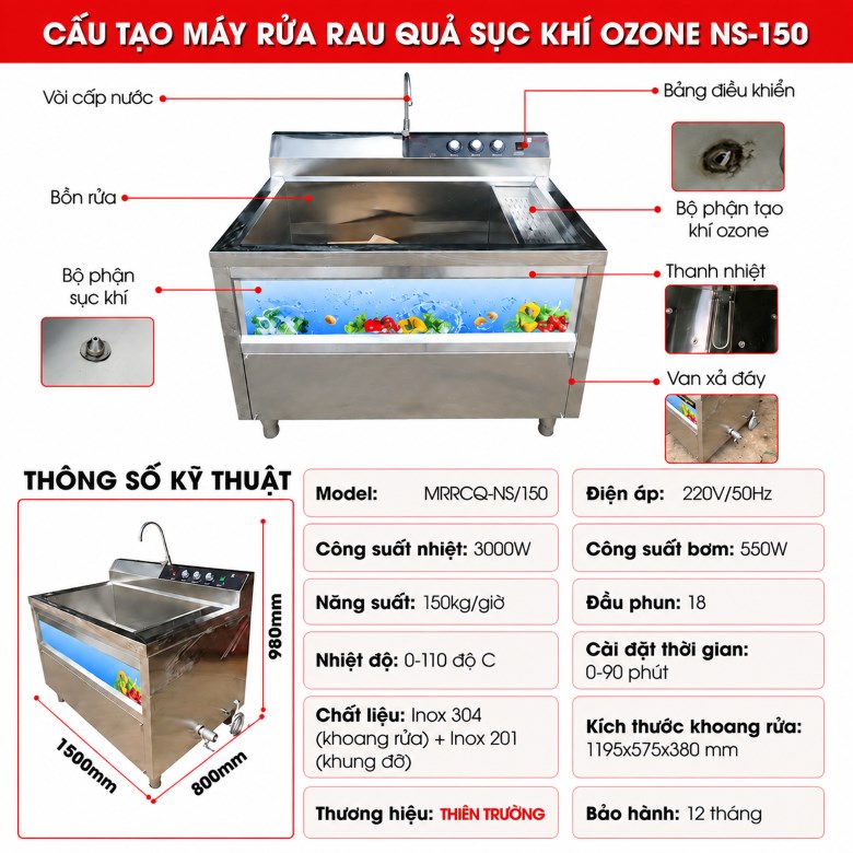 Cấu tạo của máy rửa rau sục khí ozone công nghiệp NS-150 