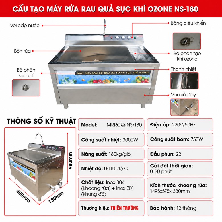 Cấu tạo máy rau sục khí ozone công nghiệp NS-180 