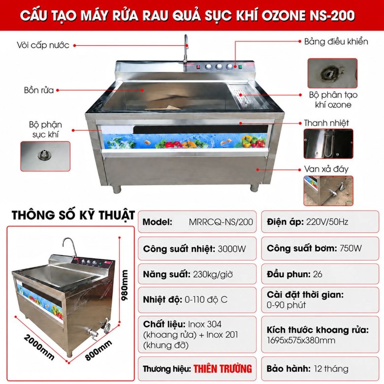 Cấu tạo của máy rửa rau sục khí ozone NS-200