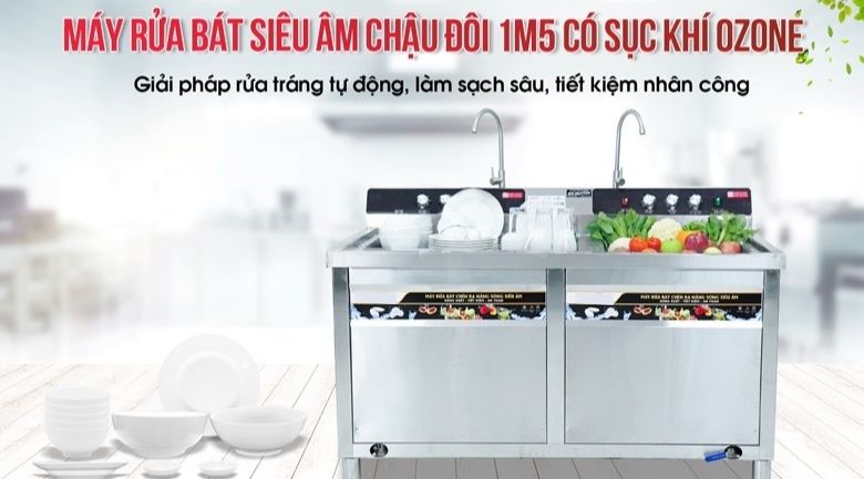 Máy rửa bát siêu âm chậu đôi 1m5 có sục khí ozone 1500